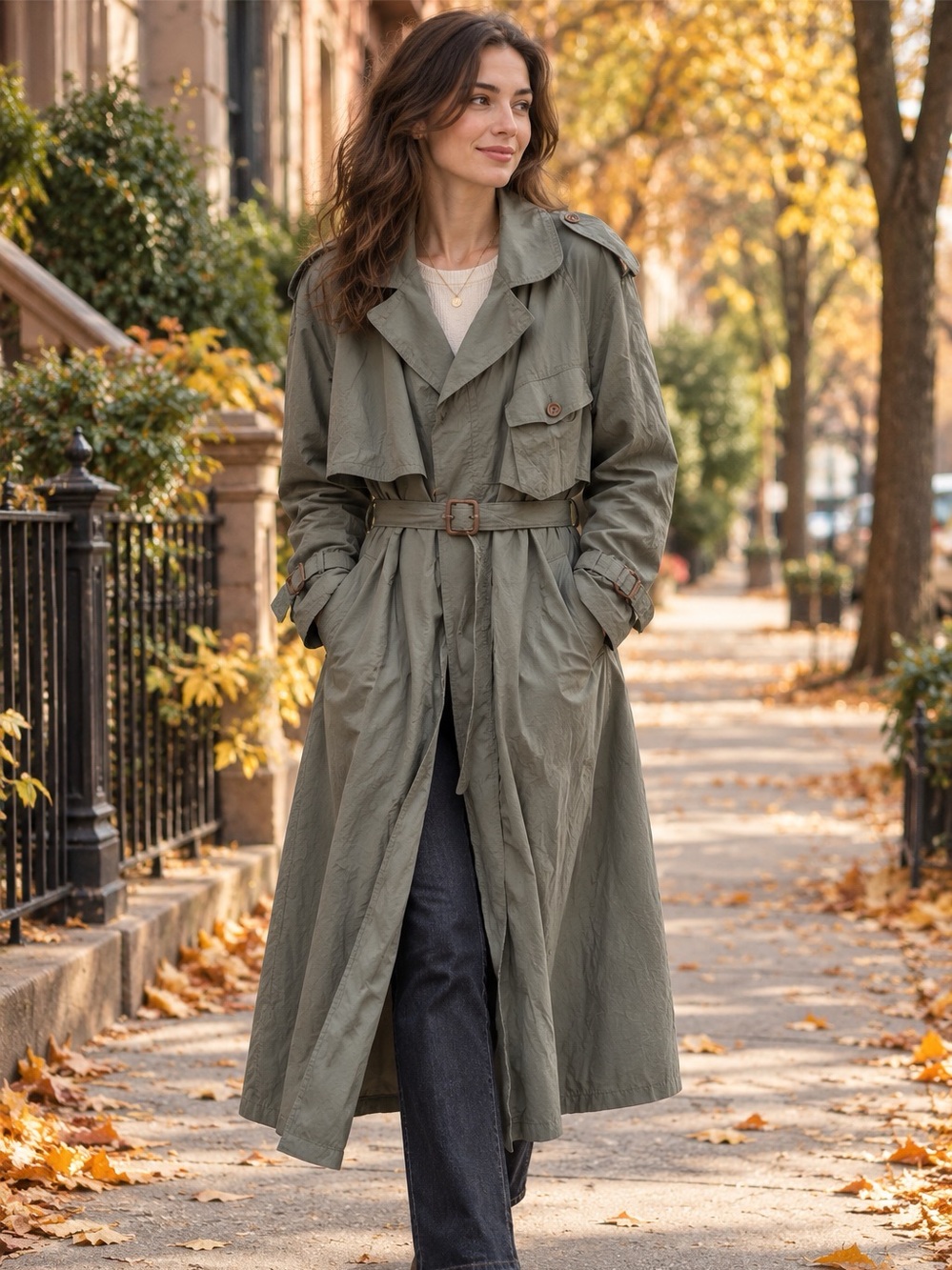 Vintage London Fog Olive Green Trench Coat Belted 40 Short PTP 24" XL Old Money